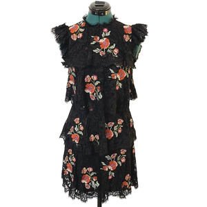 Rebecca Taylor Black Embroidered Lace Tiered Mini Dress Mock Neck Sleeveless‎ 0
